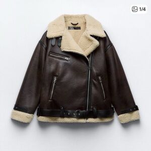 Zara Brown Leather-Effect Biker Jacket with Cream Shearling Collar